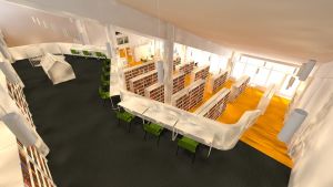 Läsbalkongen för studier och distansarbete. Läsbalkongen i Sibbo huvudbibliotek.