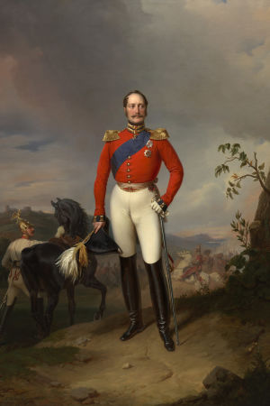 Anfadern tsar Nikolaj I. Drottning Victorias kommentarer under Nikolaj I:s besök i Storbritannien (1844) gjorde klart att hon beundrade kejsarens fysik. Möjligtvis uppfattade han det och lät därför Franz Krüger måla detta porträtt som han skänkte sin gästgivare.