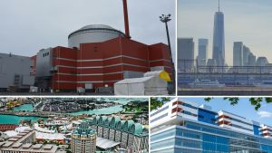 Olkiluoto 3, uppe till vänster, blir världens näst dyraste byggnad när den står klar. One World Trade Center (uppe till höger), Nya Karolinska sjukhuset i Solna (nere till höger) och Resorts World Sentoro i Singapore är också med på listan. Kollage, Olkiluoto-3, 1WTC, Resorts World Sentoro, Nya Karolinska