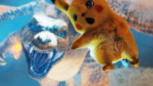 Pikachu försöker överleva en Charizard. Pikachu-filmen.