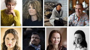 Från vänster till höger, uppifrån och ner: författarna Selja Ahava, Ulrika Hansson, Kristiina Wallin, Jari Järvelä, Maria Peura, Tommi Kinnunen, Marisha Rasi-Koskinen och Ann-Luise Bertell. Collage av åtta porträttbilder på kvinnor och män.
