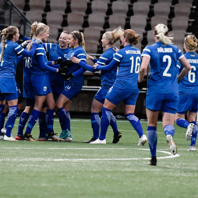 Finlands spelare firar mål mot Israel i VM-kvalmatch 2017.