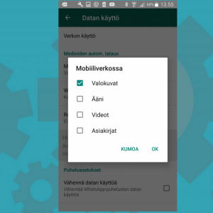 Tässä puhelimen muistiin menevät mobiiliverkossa vain valokuvat. Kuvien automaattisen latauksen esto Android