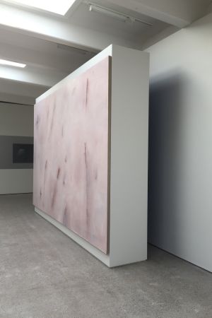 De stora målningarna är skulpturala. De fristående väggarna har målats på baksidan och skapar en blåskiftande korridor mot galleriväggen. Målning i ett galleri.