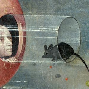 Mies ja lasiputkessa istuva hiiri. Yksityiskohta Boschin teoksesta Maallisten ilojen puutarha