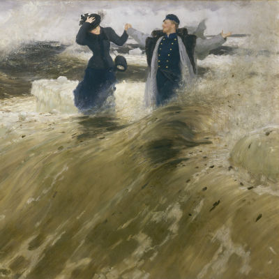 På bilden syns Ilja Repins tavla "Vilken frihet!" (1903) där Repin står mitt i stora vågor tillsammans med en kvinna.