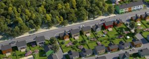 Bilarna parkeras på gatan istället för på gårdarna. Illustration över ett planerat bostadsområde.