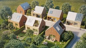 Preliminär illustration över Nickby gårds centrum. Skiss över bostadsområde med småhus.