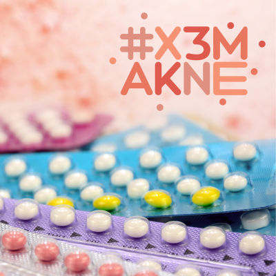 P-piller mot aknehud bakgrund med #x3makne logo