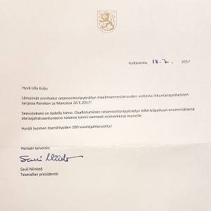 MM-saavutuksen huomioi myös Suomen tasavallan presidentti Sauli Niinistö, joka lähetti Ullalle onnittelukirjeen. Tasavallan presidentin kirje Tuhkimotarinoiden Ullalle