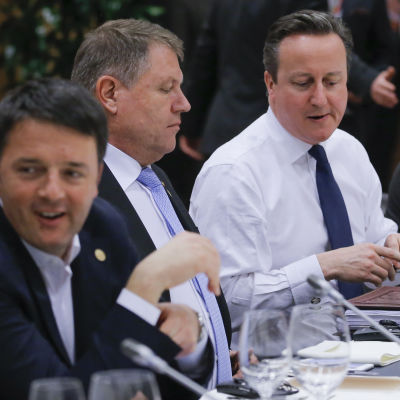 David Cameron på middag med övriga EU-ledare i Bryssel den 19 februari 2016.