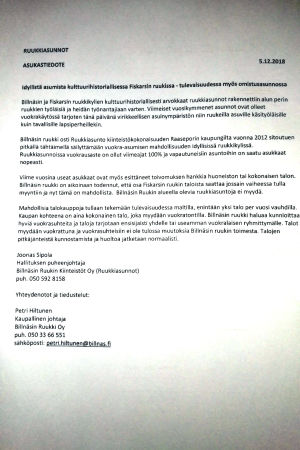 Beskedet kom i ett brev. Informtionsbrev på finska till invånare i hyresbostäder om försäljning av bostäderna.