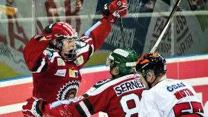 Vesalainen blev i slutet av februari den yngsta icke-svenska målskytten i SHL genom tiderna. Kristian Vesalainen firar mål, februari 2016.