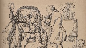 Onko tämäkin potilas ärsyyntynyt tohtorin tilanteeseen nähden turhan rajuista kielikuvista? A doctor examining a disgruntled patient, John Bull, who is being reassured by his master. Lithograph by Crichtoss after Begister.