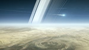 Saturnusta tutkinut Cassini-luotain ohjattiin syöksymään planeetan kaasukehään syyskuussa 2017. Saturnusta peittävät samankaltaiset pilvet kuin Jupiteria, joten tämä taiteilijan näkemys tuhoutuvasta Cassinista voisi esittää myös tuhoutuvaa Junoa – paitsi että Jupiterilla ei ole näin komeita renkaita. Cassini syöksyy Saturnukseen (piirros).
