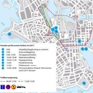 Karta över trafikarrangemang under Försvarets fanfest i Helsingfors 4 juni 2017