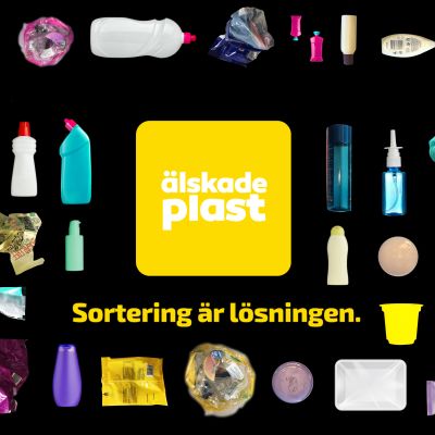 Kampanjbild för kampanjen Älskade plast, kampanjens logo i mitten, med texten Sortering är lösningen under