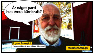 Ingmar osengård poserar ute på gården på vintern med trähus i bakgrunden. Bilden är serietidningsrastrerad med pratbubbla och texten "Är något parti helt emot kärnkraft?"