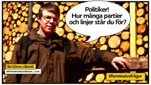 Bo-Göran Lillandt i brun jacka står framför en stor vedhög som en vägg av stockar.