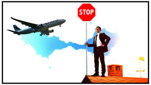 Hur dyr skulle en flygskatt egentligen vara för semestrarna? Rastrerad bild med man i kostym på hustak med skylten "Stop" medan ett flygplan flyger till vänster på himlen samt pratbubbla och texten "Flygskatt?".