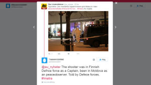 En anonym användare på Twitter skickar falsk information till tidningen Åbo Underrättelser. Det anonyma nättrollet stängde sitt Twitterkonto under måndagen. Skärmdump av nättroll som försöker påverka Åbo underrättelser med falsk information.