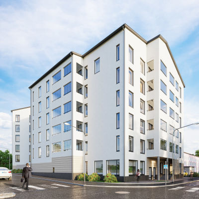 Visualisering av hur de nya husen i korsningen av Alexandersgatan, Sibeliusbulevarden och Vårbergavägen ska se ut.