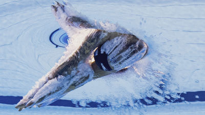Caeleb Dressel bryter vattenytan efter en start.