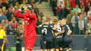 Målvakten Peter Gulacsi efter Emil Forsbergs kvittering. Målvakten Peter Gulacsi efter Emil Forsbergs kvittering.