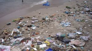 Nedsmutsade stränder är en sorglig syn. Sandstrand i Nha Trang, Vietnam, full med plastskräp. Ett vattenreningsverk planeras i Nha Trang, men tills vidare finns inget avloppssystem utan allt skräp förs ut i havet och flyter i land på annat ställe.