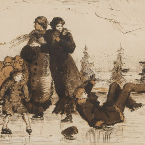 Skiss av Helene Schjerfbeck föreställande två damer och en flicka och pojke som skrinnar. Pojken har fallit omkull. Signerad och daterad år 1879.