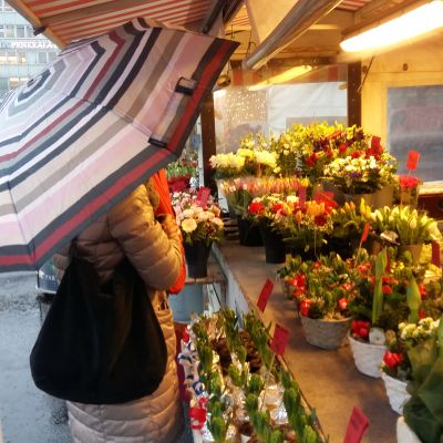Nainen sateenvarjon kanssa torikojulla, jossa joulukukkia ja -valoja