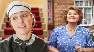 Pokka pitää -uusinnat alkavat! Nuori Hyacinth (Kerry Howard) ja Pokka pitää -sarjan Hyacinth Bucket (Patricia Routledge)