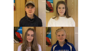 Verner Nylund, Fanny Tyskas, Gustav Puurtinen och Caroline Lindholm går i Lovisanejdens högstadium. I skolan och med kompisar kan man prata om droger, och eleverna säger att det inte är konstigt att diskutera saken under eget namn. bild på elever