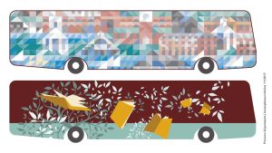 Fler förslag på hur bussen kunde se ut utifrån. Kanske någonting grafiskt eller bilder på böcker? Förslag på hur Borgås nya bokbuss kunde se ut utifrån.