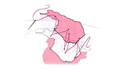 Suomi, jonka läpi on ommeltu punainen lanka.