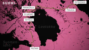 Karttanäkymä suunnitellusta moottoritiestä, joka ulottuu Pietarista Parikkalan kautta Petroskoihin.