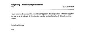 Det här meddelandet fick en svenskspråkig FPA-kund. Svenskspråkig person fick svårtolkat meddelande från FPA.