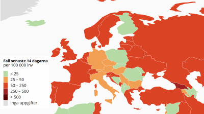 En karta över incidensläget i Europa.