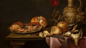 Förrädisk kniv på matbordet. Målningen "Still life with shrimps and crabs on a tin plate" (1641) av den flamländske barockkonstnären Alexander Adriaenssen (1587–1661). Målningen "Still life with shrimps and crabs on a tin plate" (1641) av den flamländske barockkonstnären Alexander Adriaenssen (1587–1661). På bilden syns ett bord med räkor och krabbor på ett tennfat, döda fåglar, en skuren citron samt en kniv.