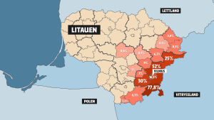 Andelen polacker i olika delar av Litauen. Källa Wikipedia. Karta över var i Litauen det talas polska