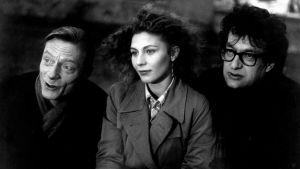 Otto Sander, Solveig Dommartin och Wim Wenders under inspelningarna av Der Himmel über Berlin. från inspelningen av filmen Der Himmel über Berlin.