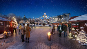Illustrerande bild av hur det nya Salutorget kunde se ut. Illustrerande vinterbild av hur Åbo nya Salutorg kommer att se ut.