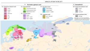 Uralilaiset kielet. Kuvakaappaus Ihsan Yilmaz Bayraktarlin ja Maximilian Dörrbeckerin laatimasta kartasta. Kuvakaappaus Maximilian Dörrbeckerin laatimasta kartasta.