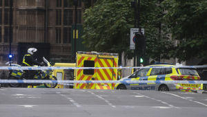 Polisen spärrade av platsen efter attacken den 14 augusti Polis har anlänt till händelseplatsen i London efter att en bil kraschat in i säkerhetsbarriären som omger parlamentet i London.
