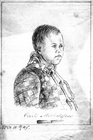 Teckning som möjligen föreställer Johan Adamsson under hans första fängelseresa, innan han blev en mördare. Teckning av fånge. Kan vara Johan adamsson