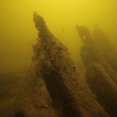 Meriarkeologien kuvaamaa kalaverkkoa hylkyyn kietoutuneena.