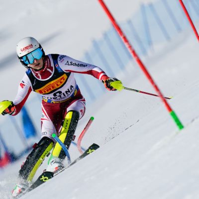 Adrian Pertl of Austria in action during the FIS Alpine Ski World Championships Men's Slalom on February 21, 2021 in Cortina d'Ampezzo Italy.