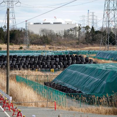 Saastunutta maata säkeissä ja takana Fukushima Daiichi ydinvoimala. 17.2.2021.