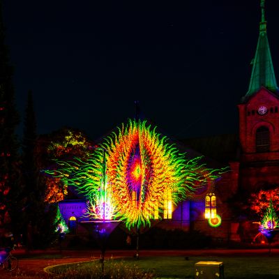 Suomalainen valotaidekollektiivi Flowers Of Life toteutti Valon kaupunki 2019 -tapahtumaan Enchanted Park (Taikapuisto) teoskokonaisuuden Jyväskylän Kirkkopuistoon.
