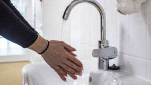 Händer tvättas under rinnande vatten vid en lavoar.